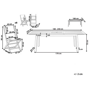 Disegno tecnico set mobili da giardino Beliani Cesana: tavolo allungabile in acacia, 8 sedie pieghevoli con misure e foro ombrellone.