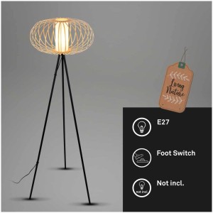 Lampadaire Briloner en bambou avec trépied noir et douille E27.