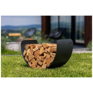 CookKing Turyn range-bûches, étagère à bûches en acier laqué noir, rempli de bois.