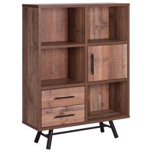 Bibliothèque Atlanta marron aspect bois avec 4 étagères ouvertes, 2 tiroirs, un compartiment fermé et des pieds métalliques noirs.
