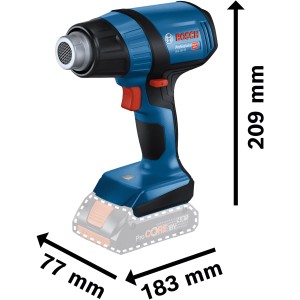 Soffiatore ad aria calda a batteria Bosch Professional GHG 18 V-50, blu/nero, con dimensioni.