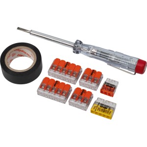 Set elettrico con tester di tensione, nastro isolante e connettori WAGO.