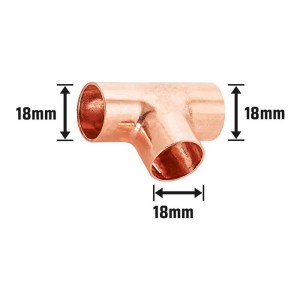 Raccordo a T in rame per saldatura, Ø 18 mm, per collegamento permanente di tubi in rame.