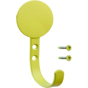 Gelber Hettich Metallhaken Typ 83 in Kreisform mit passenden Schrauben. Ideal für Garderobenleisten und Kinderzimmer.