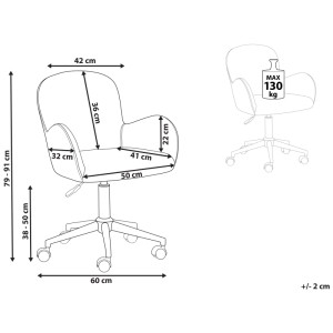 Schizzo sedia da ufficio Priddy bianca con dimensioni, carico massimo 130kg, categoria forniture per ufficio.