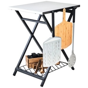 Tavolo pieghevole Ooni in acciaio inox nero/argento con ripiano e porta utensili per grill.