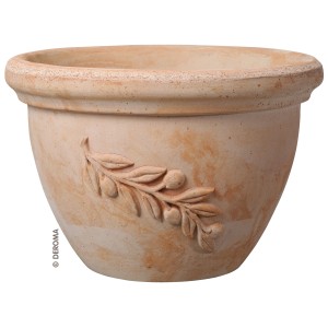 Vaso per piante Deroma Ciotola Olive, Ø 18cm, in terracotta Galestro bianca con decoro ramo d'ulivo.