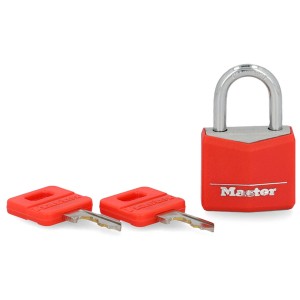 Rotes Master Lock Vorhängeschloss 30 mm mit zwei Schlüsseln.