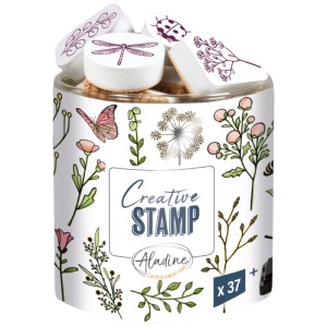 Aladine Stempelset Floral mit 37 Stempeln und Stempelkissen im Behälter.