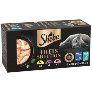 Confezione nera di cibo umido per gatti Sheba Filets Selection. Gatto grigio, vaschetta aperta con filetti, 3 gusti.