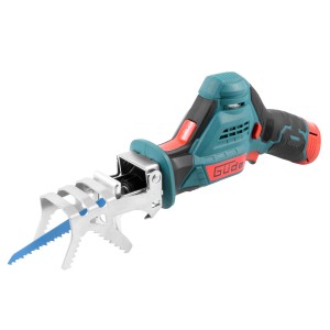 Troncatrice a batteria Güde UASA 12-201-24 con supporto per rami e lama blu.