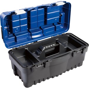 Boîte à outils LUX KWK-39 ouverte en plastique avec boîte de tri amovible.