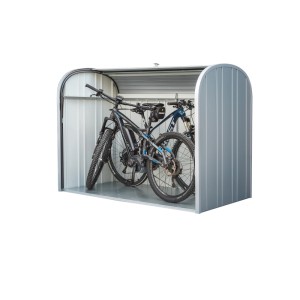 Box da giardino Biohort StoreMax 190 argento metallizzato con serranda aperta, due biciclette all'interno.