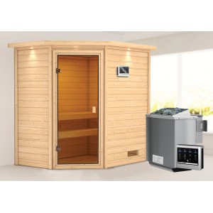 Sauna Woodfeeling Jella con stufa bio e corona LED. Sauna in legno massello con porta in vetro e panche.
