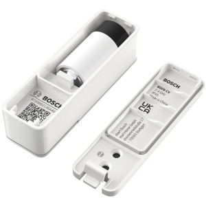 Bosch Smart Home Fenster-/Türsensor II Plus (weiß) mit Batterie und Gehäuse.
