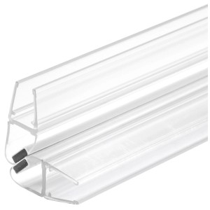 Nahaufnahme einer transparenten Sanicomfort Magnet-Duschtürdichtung für 90° Glas-Duschabtrennungen. Magnete sichtbar.