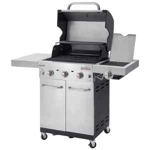 Barbecue a gas Char-Broil Professional PRO S 3 in acciaio inox con tre bruciatori e tavolini laterali.