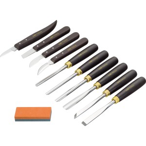 Set de sculpture LUX Comfort 11 pièces avec couteaux, ciseaux et pierre à aiguiser.