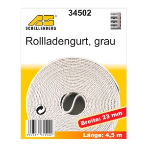 Sangle de volet roulant grise, largeur 23 mm, longueur 4,5 m, enroulée sur l'emballage.