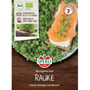 Sperli Bio Microgreen Roquette : Sachet de graines avec suggestion de présentation, prêt en 7 à 10 jours.