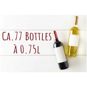 Deux bouteilles de vin (rouge et blanc) devant l'inscription "ca. 77 Bottles à 0.75l" pour la cave à vin Trisa.