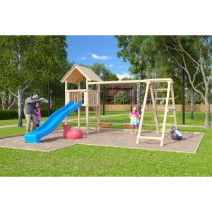 Tour de jeu Karibu Lotti avec toboggan bleu, balançoire double et structure d'escalade dans le jardin.