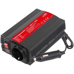 Convertitore di tensione nero 12-230V/150W con porta USB per auto elettrica.