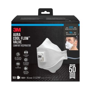 3M Aura Comfort Mascherina respiratoria FFP2, confezione da 10. Respiratore bianco con valvola Cool Flow nella confezione.