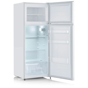Weisser Severin Kühlschrank DT8760 mit geöffneter Tür, Kühl-Gefrierkombination mit LED-Beleuchtung.