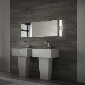 Scène de salle de bain moderne avec applique LED Brilo Klak Chrome, lumière blanche neutre.