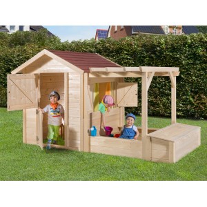 Aire de jeux Weka Tabaluga avec maisonnette, bac à sable, pergola et coffre. Bois naturel.