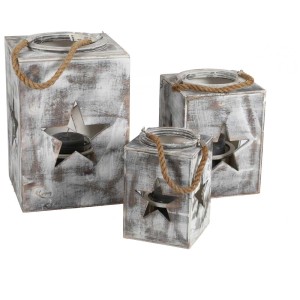 Lanternes décoratives en bois blanc avec découpes en étoile et poignée en corde, 3 tailles.