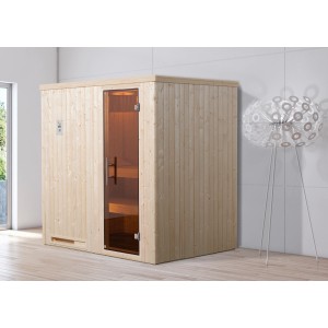 Sauna Weka Halmstad Gr. 1 : Sauna en bois massif avec porte en verre et deux bancs à l'intérieur.