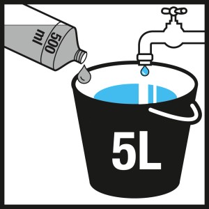 Nota applicativa: il concentrato detergente per vetri Kärcher RM 500 viene aggiunto a un secchio d'acqua.