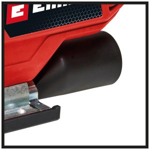 Gros plan sur la scie sauteuse Einhell TC-JS 90 : porte-lame et aspiration des poussières.