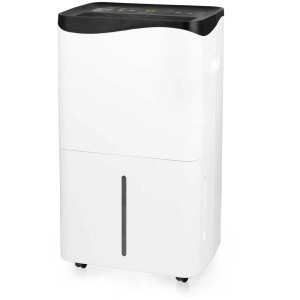 Déshumidificateur Emerio 50L blanc avec panneau de commande noir et roulettes pour pièces jusqu'à 100m².