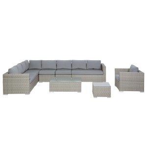 Set lounge Beliani XXL 8 posti in polyrattan grigio con tavolo e poltrone.