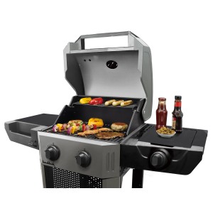 Barbecue a gas Buschbeck Grenada con 2 bruciatori e cibo sulla griglia.