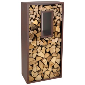 Range-bûches Nouvel en métal couleur rouille rempli de bois.