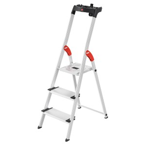Scala domestica in alluminio Hailo XXL L80 Comfortline a 3 gradini con vassoio.