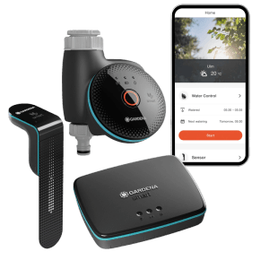 Gardena Smart Sensor Control Set con computer per irrigazione, sensore, gateway e smartphone con app.