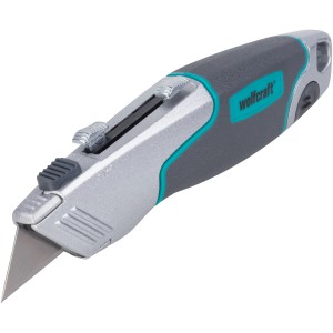 Coltello professionale a doppia lama wolfcraft con lama trapezoidale e a gancio, corpo in metallo, grigio/argento.