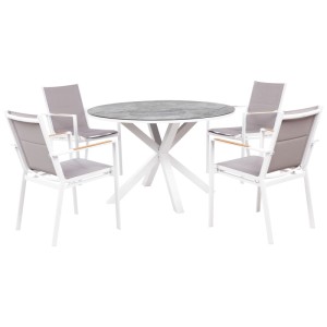Set mobili da giardino Maletto/Busseto: tavolo rotondo con piano in vetro ceramico effetto marmo, 4 sedie bianco-grigie.