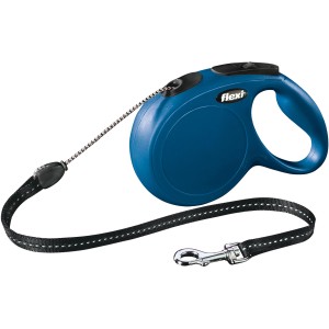 Guinzaglio avvolgibile a corda Flexi New Classic M blu, 8 m, con sistema frenante e strisce riflettenti.