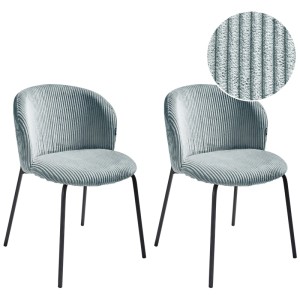Deux chaises de salle à manger Beliani Miles bleu clair avec revêtement en velours côtelé et pieds en métal noir.