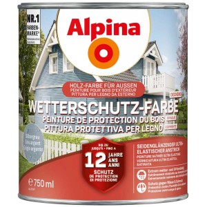 Alpina Wetterschutzfarbe Silbergrau, Holzfarbe für Außen, 750ml Dose.