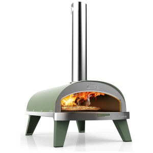 Four à pizza Ziipa Piana en acier inoxydable vert eucalyptus avec pizza à l'intérieur.