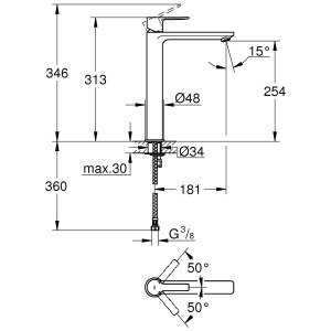 Disegno tecnico del miscelatore per lavabo Grohe Lineare XL con dimensioni.