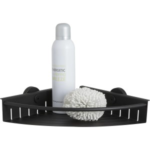 Étagère d'angle de douche noire Tiger Boston en acier inoxydable avec gel douche et éponge.