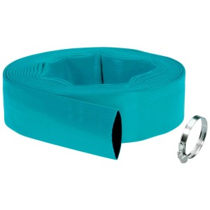 Set tubo flessibile piatto Gardena, Ø 38mm, turchese, con fascetta stringitubo. Tubo da giardino arrotolato.
